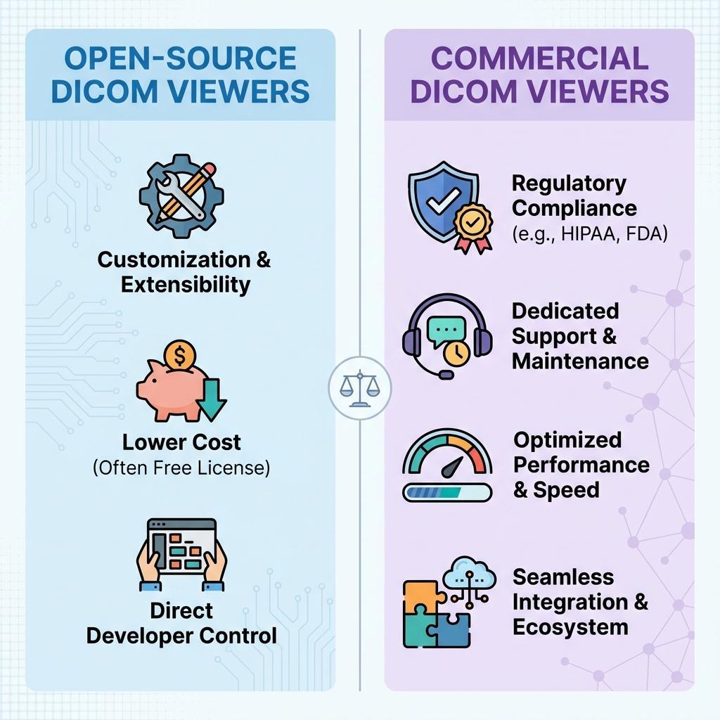Infografía de comparación de visores DICOM de código abierto vs. comerciales que destaca características y diferencias